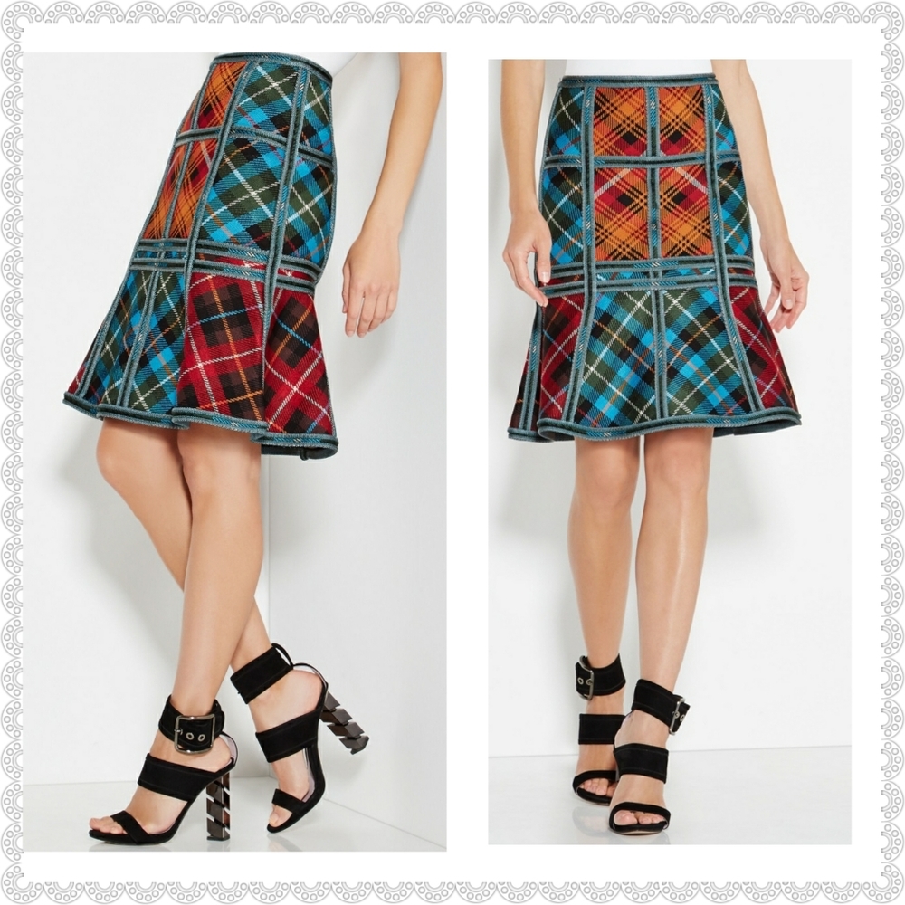 *Herve Leger Plaid-Blocked Caging Skirt*